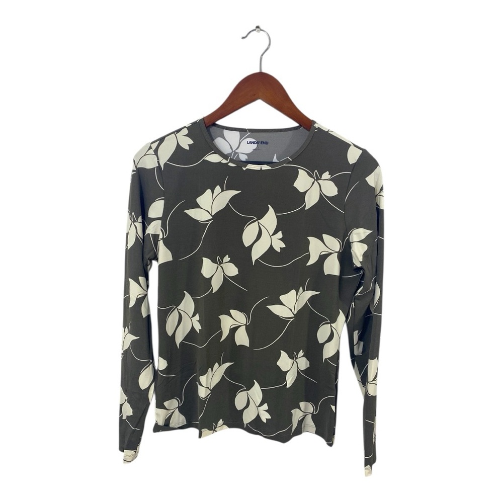 Lands End Rash Guard Athletic Swim Shirt Sz S Dark Taupe Floral Long Sleeve UPF